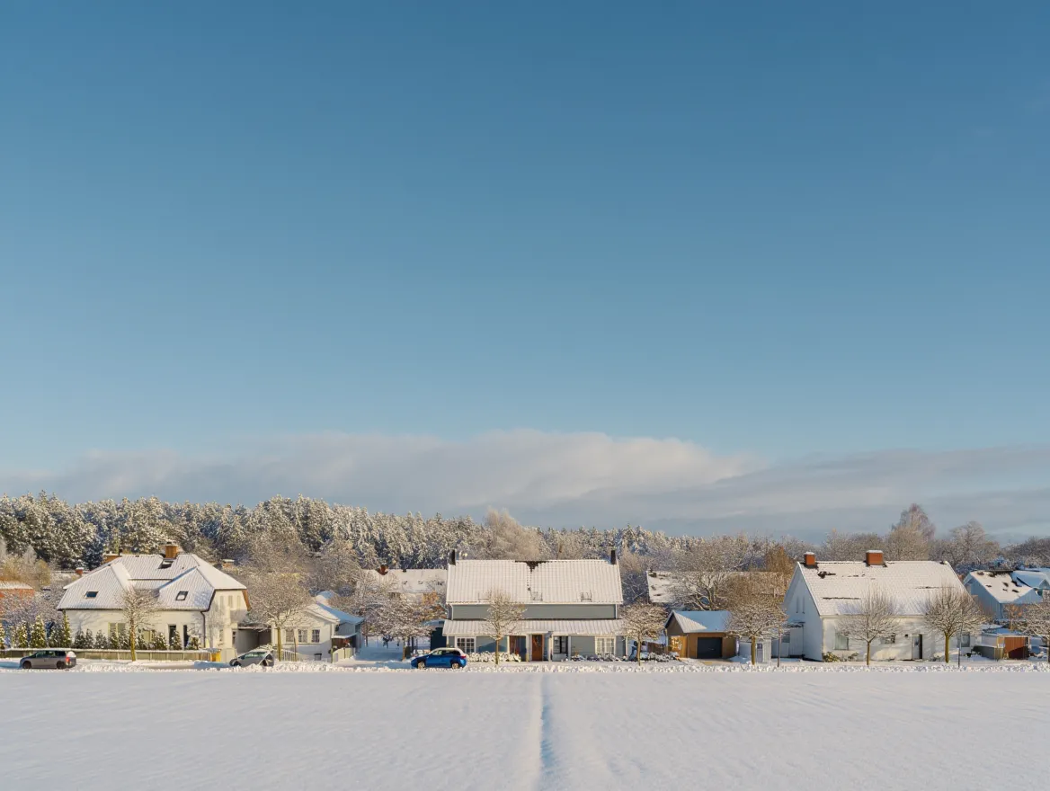 Vinterlandskap med snötäckt bostadsområde